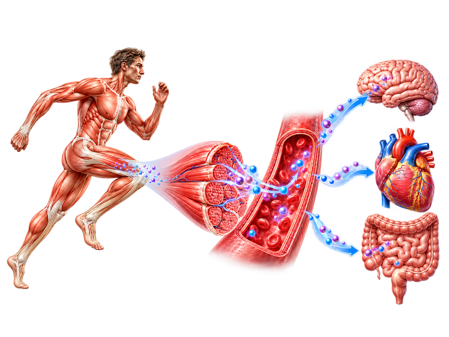 Illustration of molecules released from exercising muscle travelling through the bloodstream to the brain, heart and gut.